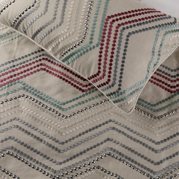 The HomeCentric King Queen Twin Beige Linen Bed Runner & Decorative Throw Pillow Cover, CA King Size 86"x18" Bed Runner & Pillow Cover, Linen & Embroidery, Chevron Modern Pattern - Dotty Chevron