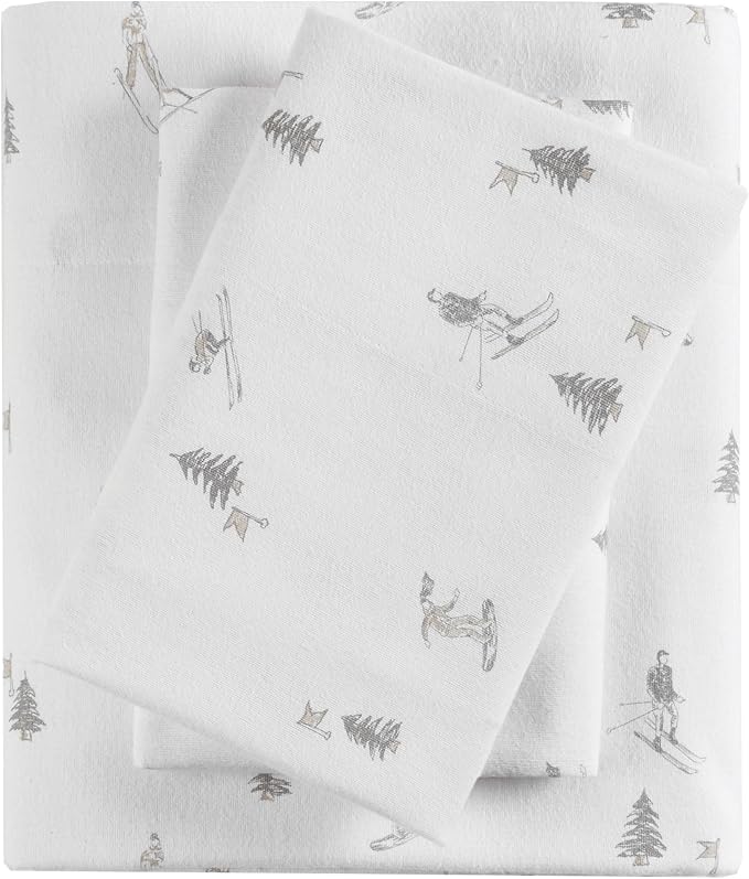 True North by Sleep Philosophy Flannel Sheets Twin Size, Cozy 100% Cotton Flannel Bed Sheets, Ultra Soft Cute Sheet Set, Elastic Pocket Fits Up to 12" Mattress, Skiiers 3 Piece