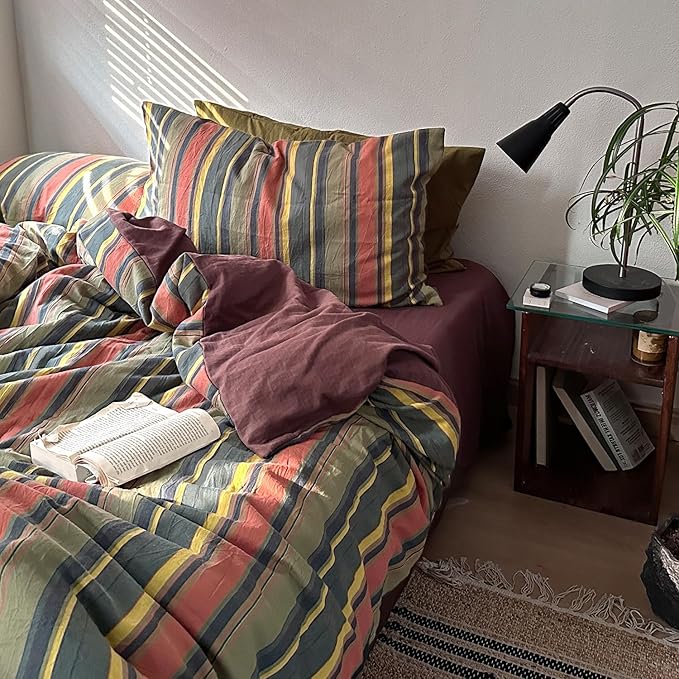 VM VOUGEMARKET Red Green Stripes Duvet Cover Twin XL Boho Farmhouse Style Washed Cotton Multi-Color Striped Bedding Set for Teens 1 Duvet Cover with 2 Pillowcases