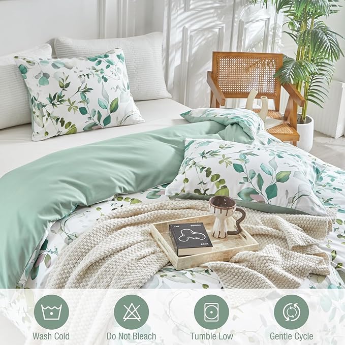 Lekesky Duvet Cover King Size, Reversible Botanical Floral Duvet Cover Set with Zipper Closure, 3 Pieces Soft Microfiber Green Bedding Set (1Duvet Cover 104"x90", 2 Pillowcases 20"x36")