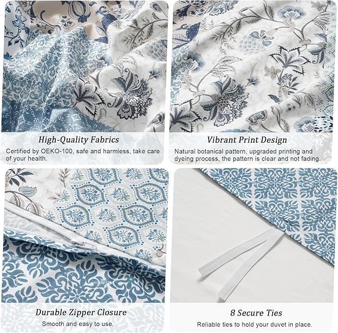 PHF Ultra Soft Floral Duvet Cover Twin Size, Printed boho Bedding Set 2 Pieces, Comfy Farmhouse Reversible Paisley Pattern Duvet Cover Set with 1 Pillow Shams, Zipper Closure and 6 Ties, 68"x90", Blue