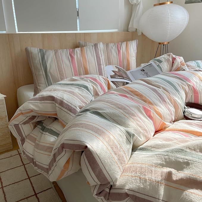 Retro Striped Duvet Cover Set Full, 100% Washed Cotton Multicolor Stripes Pattern Printed Bedding Set, Vintage Striped Comforter Cover with 2 Pillowcases, 3 Pieces Soft Breathable Duvet Cover Full