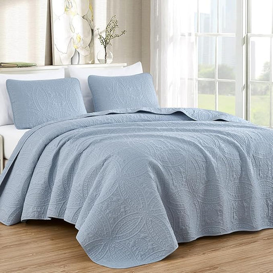 Chezmoi Collection Austin King Oversized Bedspread Set, 3-Piece Pinsonic Quilted Lightweight Microfiber Bedspread Coverlet, Cool Gray