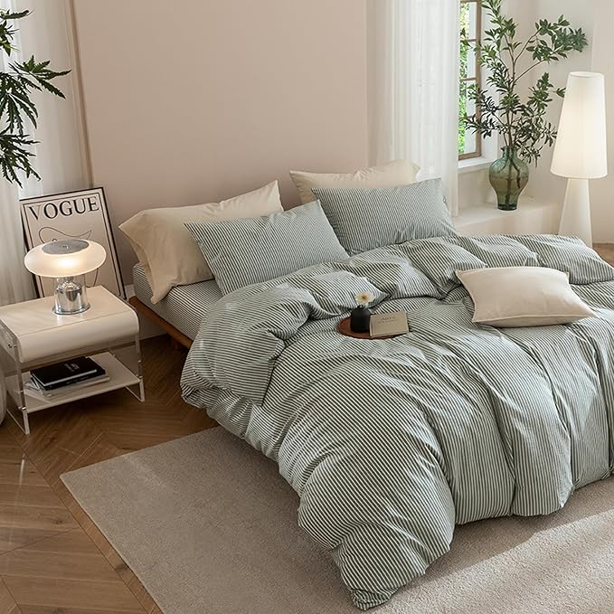 JIYUAN 100% Washed Cotton Striped Duvet Cover Set 3 Pieces King, 1 Duvet Cover and 2 Pillowcases(Comforter Not Included),Linen Like Comfy and Breathable,Pinstripes - Green White