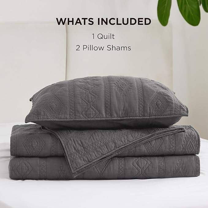 Bedsure 100% Cotton Quilt Set - Lightweight King Bedspread, Grey Cozy Bedding Coverlet 3-Piece with Pillow Shams in Geometric Pattern for All Season, 106x96 inches, 100% Cotton Voile