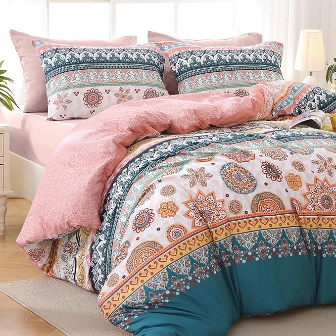 MUXHOMO Bed in a Bag Queen 7 Pieces, Queen Comforter Set Reversible Bohemian Botanical Flowers Design, Ultra Soft & Breathable Bedding Sets with Comforter, Sheets, Pillowcases & Shams