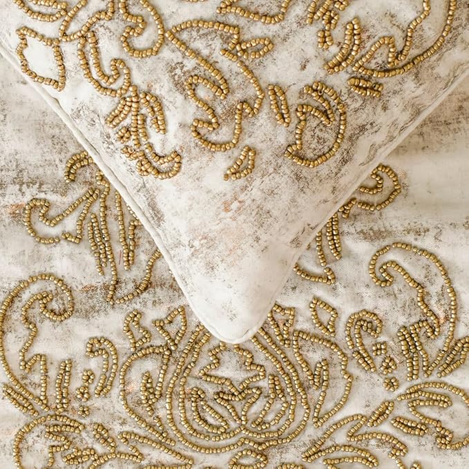 The HomeCentric King/Queen/Twin Ivory & Gold Decorative Queen 74"x18" Bed Runner Without Pillow Cover, Beaded & Foil Bed Scarf on Silk Fabric - Foil Damask Gold