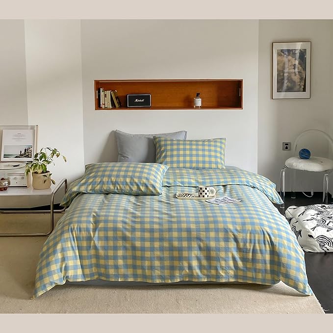 mixinni Plaid Duvet Cover Set Queen Yellow - Soft Washed Cotton Modern Geometric Bedding Set with 2 Pillowcases, Blue Green Gingham Grid Queen Duvet Cover for Men & Women, Soft & Lightweight