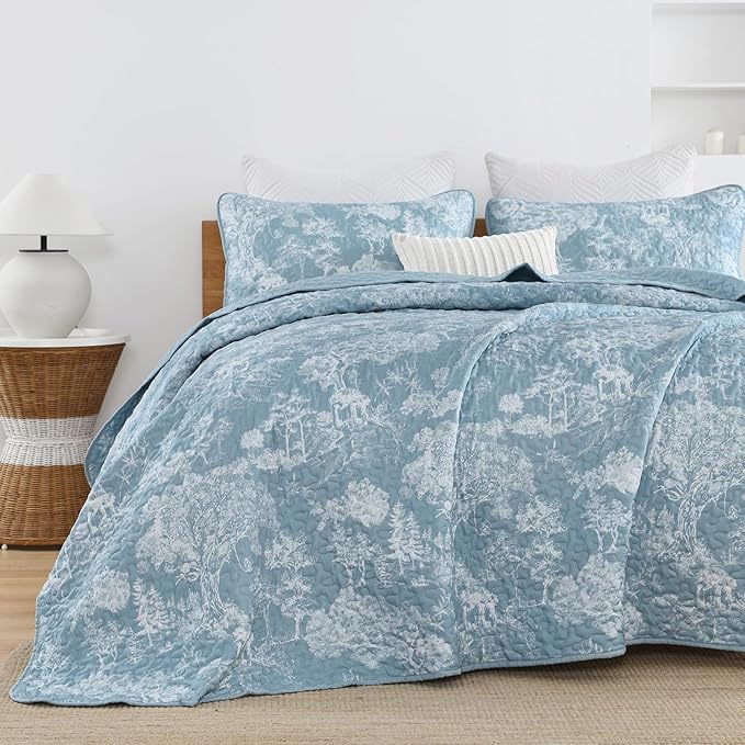 WONGS BEDDING Botanical Quilt Set Queen Size, Aqua 3 Pieces Toile Floral Plants Printed Bedspread Bedding Set Soft Lightweight Microfiber Coverlet Set for All Season (96"x90")