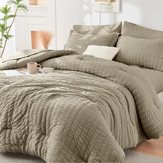 HYMOKEGE Linen Full Size Comforter Sets Seersucker 7 Pieces, All Season Luxury Bed in a Bag for Bedroom, Bedding Set with Comforter, Sheets, Pillowcases & Shams