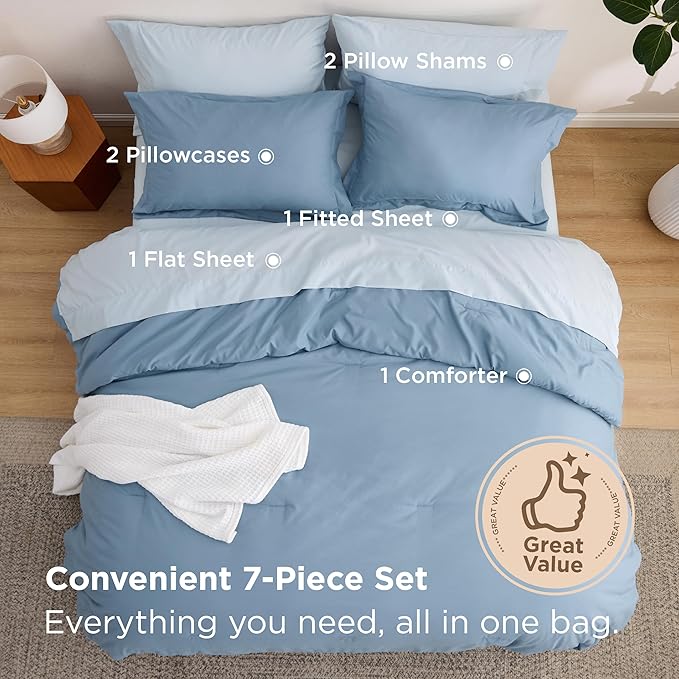 Bedsure King Size Comforter Set - 7 Pieces Grayish Blue King Bedding Set for All Seasons, Boho Contrasting Design Bed in a Bag with Comforter, Sheets, Pillowcases & Shams