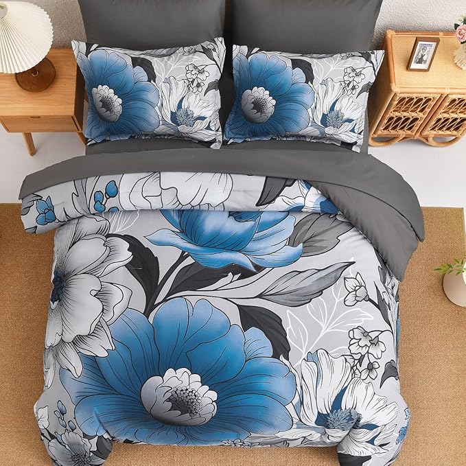 Xruibed King Comforter Set 7 Pieces Grey Blue Floral Comforter Set King Size Bed in a Bag Flower Bedding Sets Lightweight Boho Bed Set with Sheet, Pillowcases&Shams for All Season