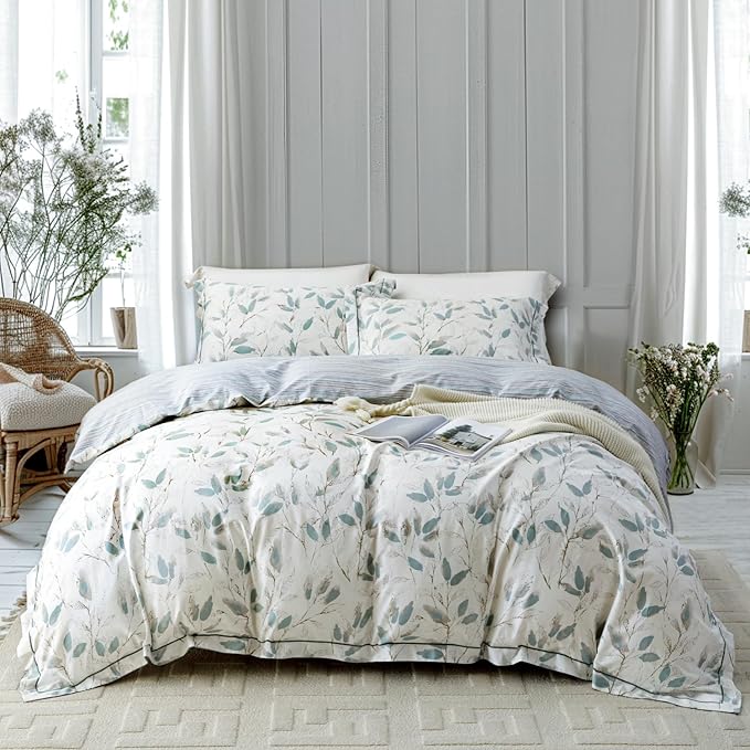 OAITE Duvet Cover Set Queen Size Floral Pattern 500 Thread Count Ultra Soft 100% Cotton Duvet Cover Sets 3-PC, Breathable Duvet Cover with Zipper Closure & Corner Ties