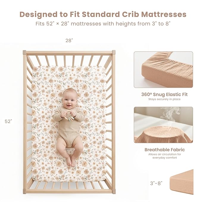 Konssy Muslin Crib Sheets 2 PCS 100% Cotton Baby Crib Sheets for Standard Crib Mattress (28" x 52"), Soft and Breathable for Boys, Girls (Toffee, Flourish)