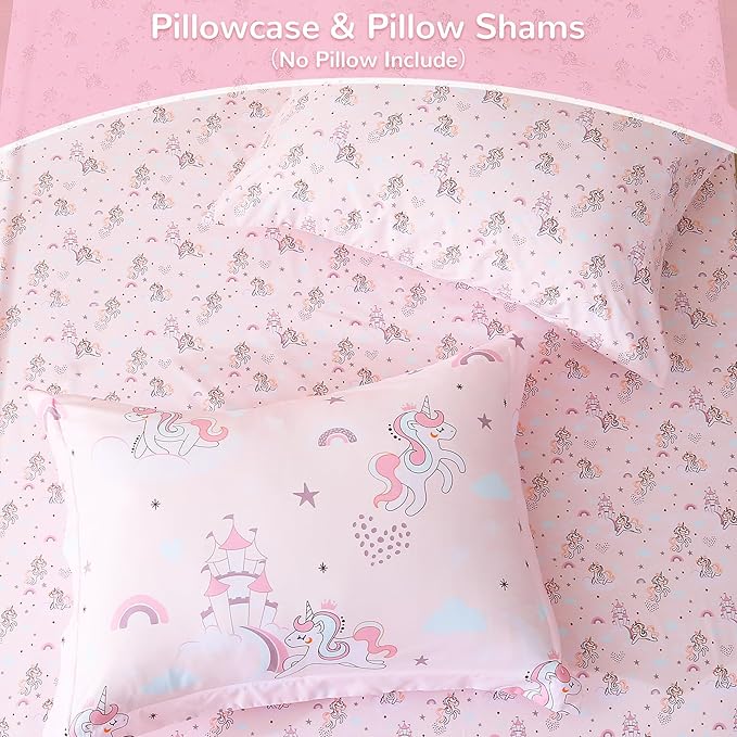 Viviland Kids Full Bedding Sets for Girls, Soft Full Comforter Set with Sheets, 7 Pieces Microfiber Bed in a Bag, Pink Unicorn