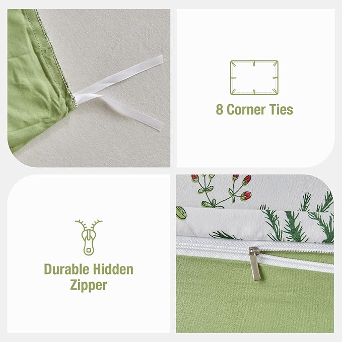 Lekesky Queen Size Duvet Cover Set, Lightweight Soft Microfiber Comforter Cover, Reversible Duvet Cover Queen with Floral Pattern, 3 Pieces Green Bedding Set with Zipper and 2 Pillowcases