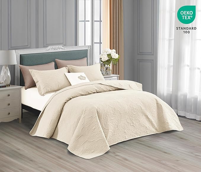CHIXIN Quilt King Size - Damask Paisley Bedspread Coverlet Set - Classic & Gorgeous Style Bedding Cover, Ultrasonic Quilting, Reversible, Lightweight, 4 Piece, Ivory