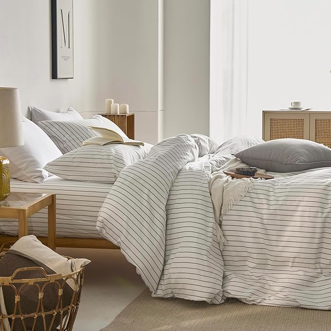 JELLYMONI Striped Duvet Cover Set - Queen Size 100% Cotton - 3PCS White & Grey Vertical Stripes Bedding - Hidden Zipper Closure & 8 Corner Ties - Breathable Comforter Cover for Bedroom