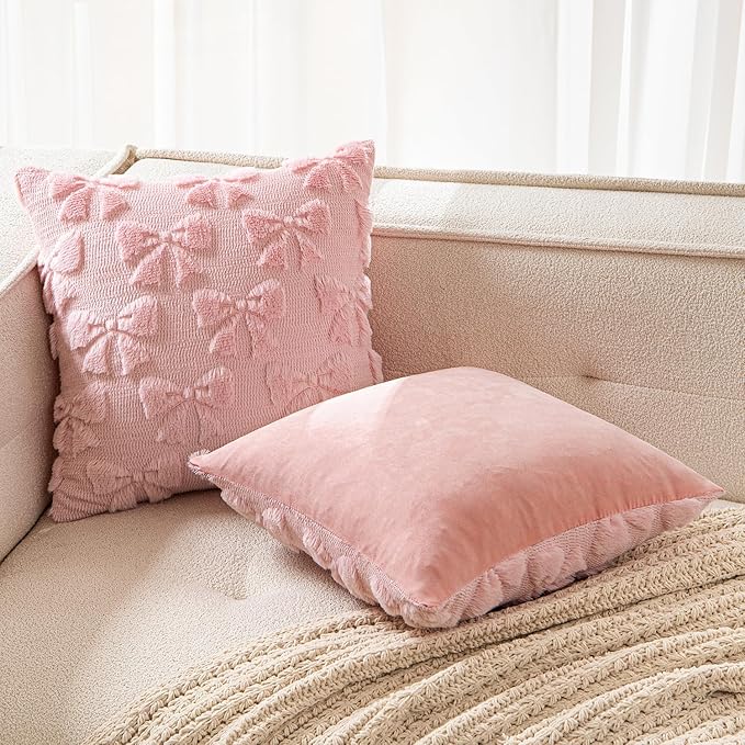 MIULEE Pink Bow Pillow Covers Coquette Room Decor Aesthetic Set of 2 Decorative Cute Girl Vlentine Pillow Covers Spring Soft Plush Faux Pillowcase for Preppy Room Decor Bedroom Couch,16x16 Inch