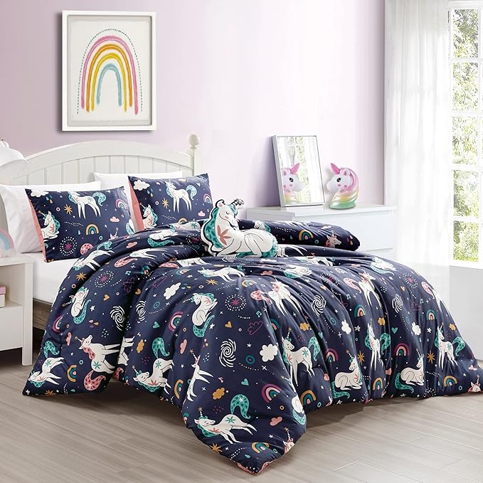 Chezmoi Collection 3-Piece Kids Bedding Comforter Set - Soft Microfiber Multi-Color Kids Cute Magical Unicorn Love Hearts Rainbows, Twin