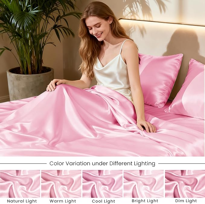 Love's cabin Full Size Satin Sheet Sets - 4 Piece Pink Silky Sheet Set Full with Deep Pocket, Luxury Silk Feel Bed Sheets Full Bedding Set (1 Flat Sheet,1 Fitted Sheet,2 Pillow Cases)