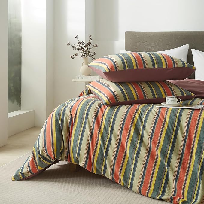 VM VOUGEMARKET Red Green Stripes Duvet Cover Twin XL Boho Farmhouse Style Washed Cotton Multi-Color Striped Bedding Set for Teens 1 Duvet Cover with 2 Pillowcases