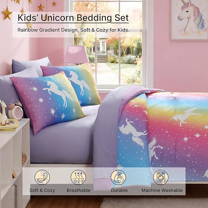 Full Comforter Set for Girls Kids - 7 Pieces Rainbow Unicorn Full Size Bedding Sets for Kids, Soft Cozy Bed in A Bag with Sheets