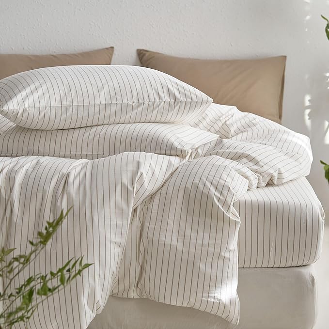 MooMee Striped Duvet Cover Set 100% Washed Cotton Linen Like Textured Breathable Durable Soft Comfy (White Tannish Linen Grey Wide Stripes, Queen 90"x90")