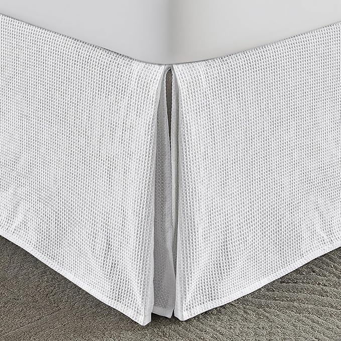 MIYE Premium Cotton Waffle Weave Bed Skirt, 14 Inch Drop Tailored Dust Ruffle with Split Corners, Easy Fit，Machine Washable (White, King - 14" Drop)