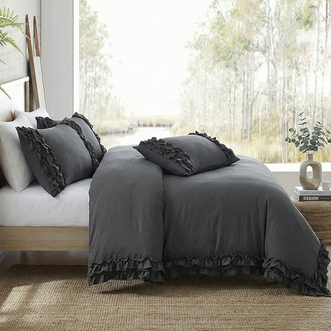 Dark Grey Ruffled Duvet Cover King Boho Bedding Set Gary Ruffle Fringe Shabby Chic Bedding Super Soft Cozy Farmhouse Duvet Cover Set for All Season