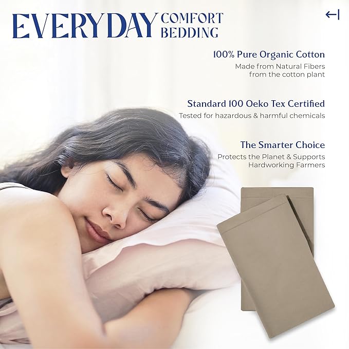 Mayfair Linen 100% Organic Cotton Percale Pillow Cases Standard/Queen Size Set of 2 - Percale Pillowcases Standard/Queen, Soft Cooling Pillow Cases for Sleeping, Cotton Pillowcovers - Taupe