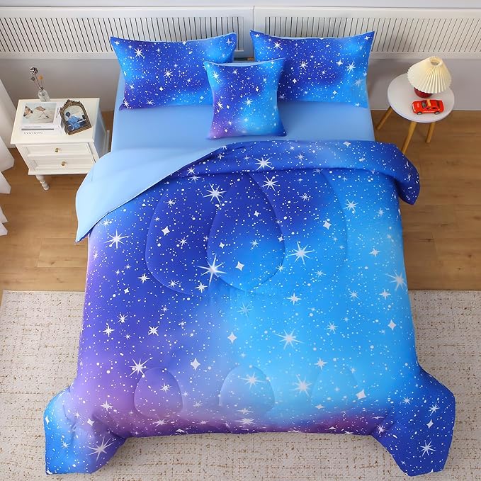 JQinHome Queen Ombre Blue Comforter Set, 6 Piece Bed in A Bag 3D Colorful Bedding Sets for Teen Girls (1 Comforter,2 Pillowcases,1 Flat Sheet,1 Fitted Sheet,1 Cushion Cover)(Star Blue)