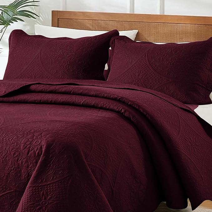 MOONLIGHT20015 8 Pack Quilt King Size Bedding (106" x 96") - Bulk Wholesale for Hotels, Guest Bedroom & Airbnbs - Lightweight Microfiber Reversible Floral Embossed Quilts Bedspreads (Burgundy)
