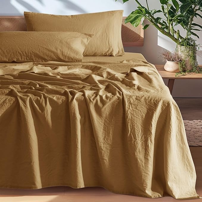 SONORO KATE 100% French Pure Linen Sheets, Breathable and Durable Linen King Size Sheets, Anti-Tear Linen Bed Sheets, Machine Washable, 16 Inch Deep Pocket - 4 Piece (Rust, King)