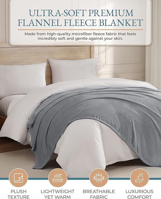Casa Platino Fleece Blanket Queen Size – 300 GSM Light Gray Fleece Throw for Bed or Couch – Soft Cozy Warm Holiday Bed Blanket for Winter, Fuzzy Plush Elegant Gifts for Men & Women - 90x90 Inch