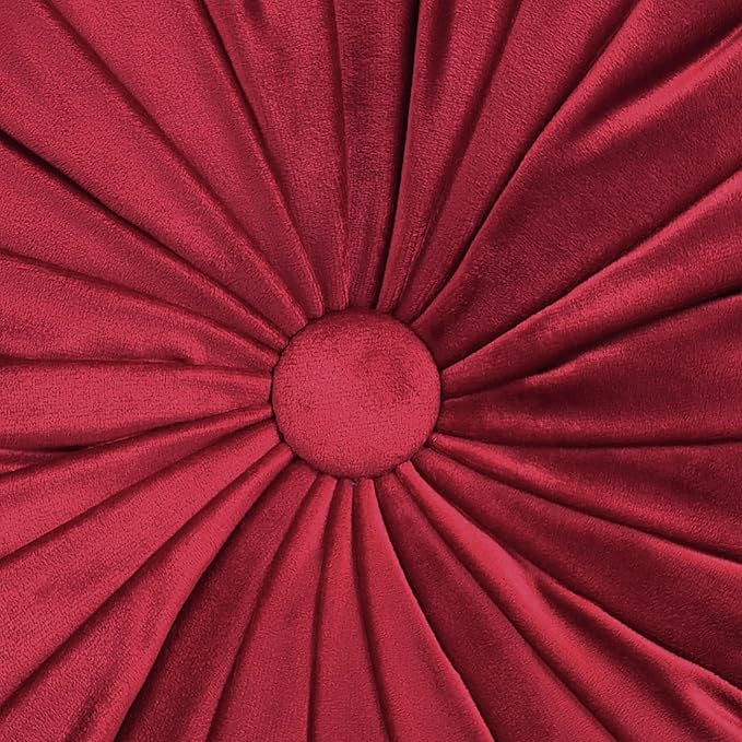 Lush Decor Round Pleated Soft Velvet Decorative Throw Pillow, 1 Count, 15" Diameter, Red - Plush Round Pillow, Seat Cushion, Decorative Pillows For Bed, Couch, Or Chair