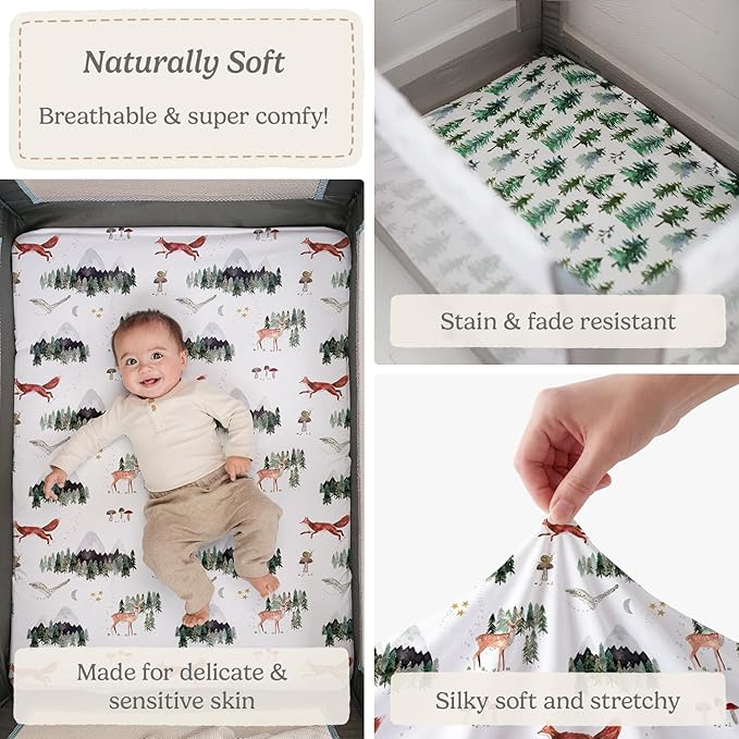 Pack and Play Sheets Fitted, Mini Crib Sheets for Graco Pack N Play Playard (38x26), Ultra Soft Organic Cotton Blend, Safe & Snug Playpen Mattress Sheet for Baby Boys & Girls – Starry Woodland, 2-Pack