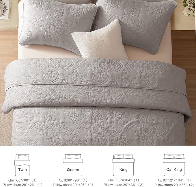 Whale Flotilla Soft Queen Quilt Bedding Set for All Seasons, Vintage Damask Ultrasonic Full Size Quilts Set, Lightweight Reversible Bedspread, Coverlet, Bed Cover with 2 Pillow Shams, Lightgrey