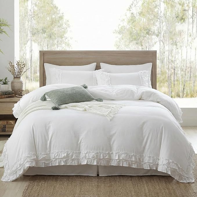 Bedorm White Ruffle Duvet Cover Queen Shabby Chic Bedding Set Pleat Ruffled Farmhouse Pure White Comforter Cover Extra Soft & Easy Care Boho Duvet Cover Set
