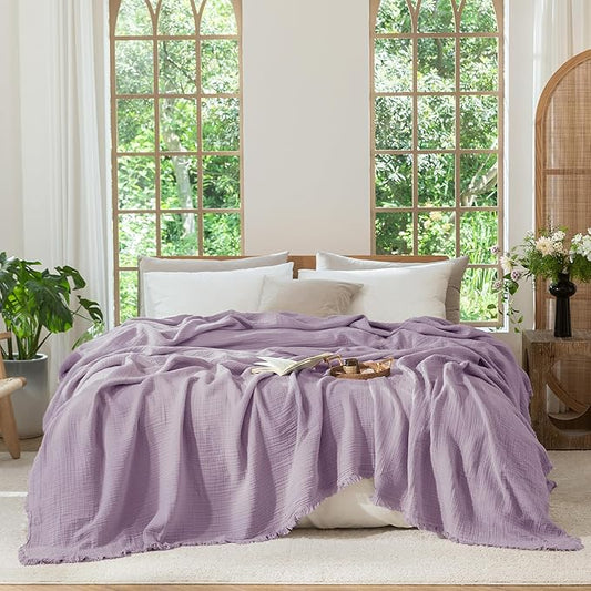 MooMee Muslin Blanket - 100% Cotton 4-Layer Gauze Throw Blanket with Tassels Ultra-Soft Breathable Lightweight Cooling for Bed Couch (Light Purple,Super King 108" x 98")