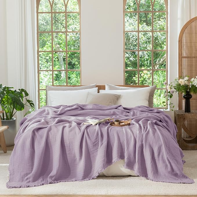 MooMee Muslin Blanket - 100% Cotton 4-Layer Gauze Throw Blanket with Tassels Ultra-Soft Breathable Lightweight Cooling for Bed Couch (Light Purple, Queen 90" x 90")