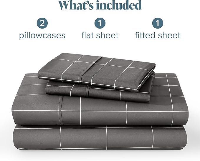 Bare Home King Sheet Set - Luxury 1800 Ultra-Soft Microfiber Double Brushed - Deep Pockets - Easy Fit - 4 Piece Set - Bedding & Pillowcases (King, Grid - Grey/White)
