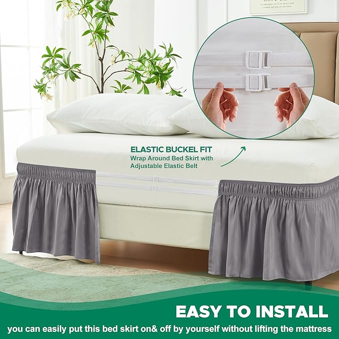 Biscaynebay Wrap Around Bed Skirts for King & Cal King Beds 19" Long Drop, Silver Grey Adjustable Elastic Dust Ruffles Easy Fit Wrinkle & Fade Resistant Silky Luxurious Fabric Solid Machine Washable