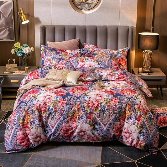 ABREEZE Colorful Floral Duvet Cover King 100% Cotton Flower Duvet Cover 3 Piece Set 1 Multi-Colored Damask Paisley Duvet Cover with Zipper Ties 2 Pillowcases Luxury Soft Peony Print Bedding Set