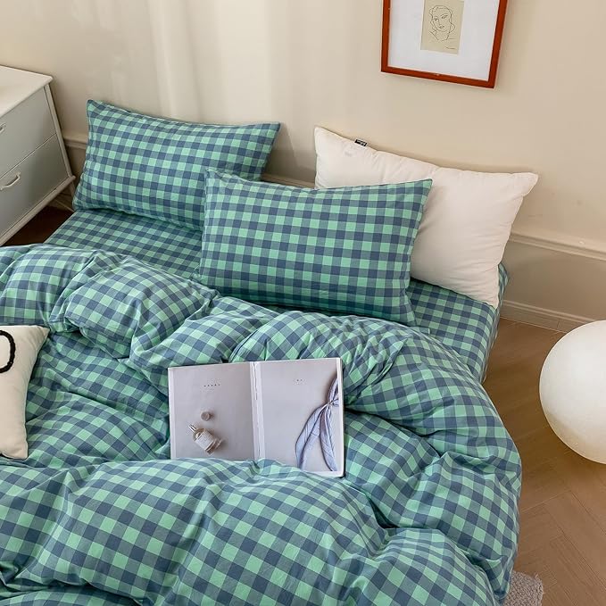 VM VOUGEMARKET 3 Pieces Plaid Duvet Cover Set King Washed Cotton Green Blue Checkered Printed Comforter Cover with Zipper Soft Lightweight & Breathable Quilt Cover Set King