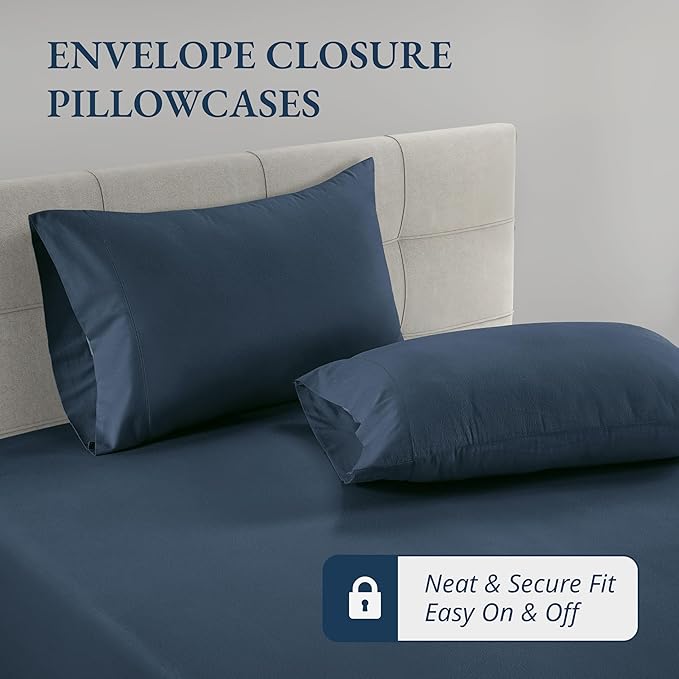 LANE LINEN 100% Organic Cotton Twin Fitted Sheet & Pillowcase Set, Navy, Percale Weave, Soft, Breathable, Fits Mattress Up To 15' Deep