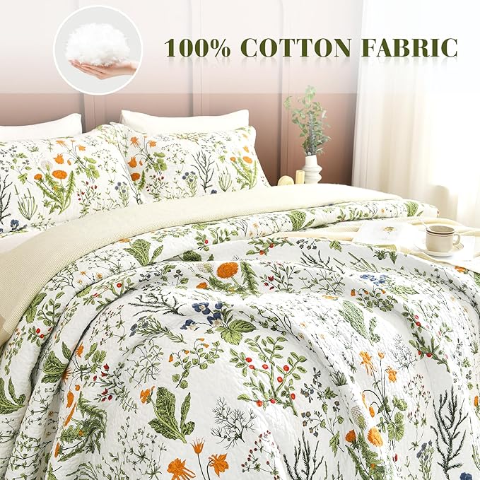 QSH Floral Quilt King Size Bedding Set (110"x98") 3Pcs 100% Cotton Quilt King Yellow Flowers Leaves Plant Botanical Pattern Printed Bedspread Coverlet Spring Summer Soft Lightweight Quilt Set
