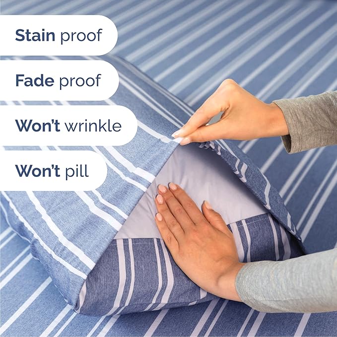 Queen 6 Piece Sheet Set - Comfy Breathable & Cooling - Soft Hotel Luxury Bedding Set with 8-16 Inch Deep Pockets - 1 Flat & 1 Fitted Sheet & 4 Pillowcases - Wrinkle Free & Easy Care - Blue Stripes 3