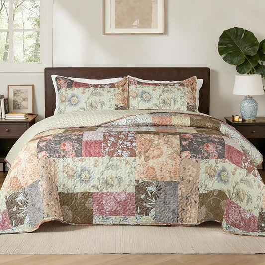 Whale Flotilla Patchwork Quilt Twin Size, Soft Boho Floral Bedspreads for Bed Reversible Lightweight Twin Quilt Bedding Set Coverlets with 1 Pillow Sham for All Seasons, Vintage Red Flowers
