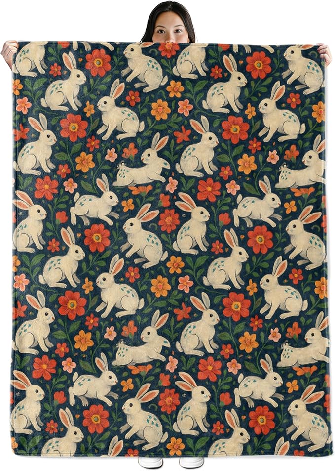Bunny Gifts, White Rabbit and Floral Theme Flannel Blanket for Women, Spring Animal Birthday Throw Blankets for Kids, Girls, Travel Camping Sofa Living Room Decor 50x60 in